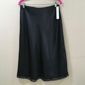 Nicole Miller midi skirt Satin Slip Elastic Waist Black Classic Size L New